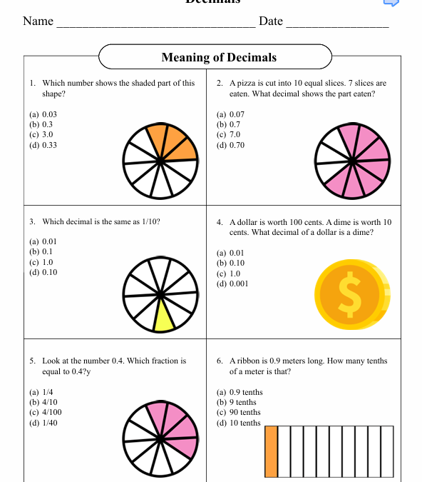 Meaning of Decimals Fifth Grade Math Worksheet
