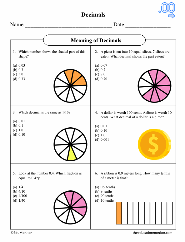 Meaning of Decimals Fifth Grade Math Worksheet