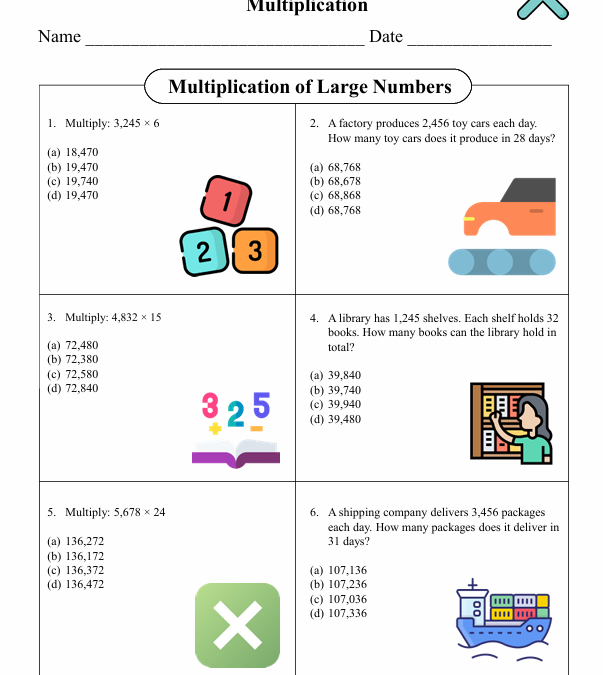 Multiplication of Large Numbers Fifth Grade Math Worksheet