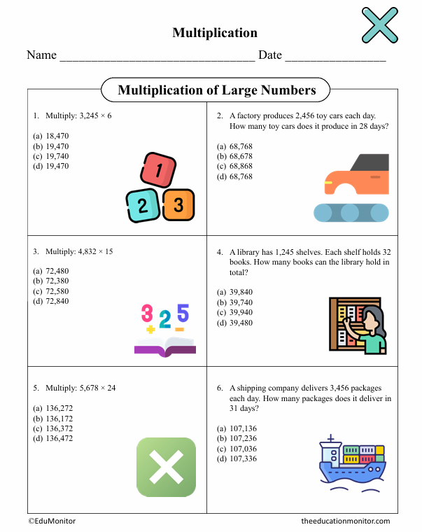 Multiplication of Large Numbers Fifth Grade Math Worksheet