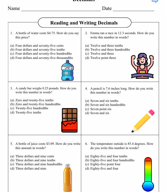 Reading and Writing Decimals Fifth Grade Math Worksheet