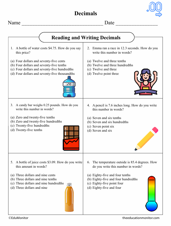 Reading and Writing Decimals Fifth Grade Math Worksheet