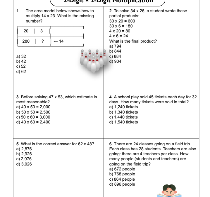 2-Digit × 2-Digit Multiplication Grade 4 Math Worksheet