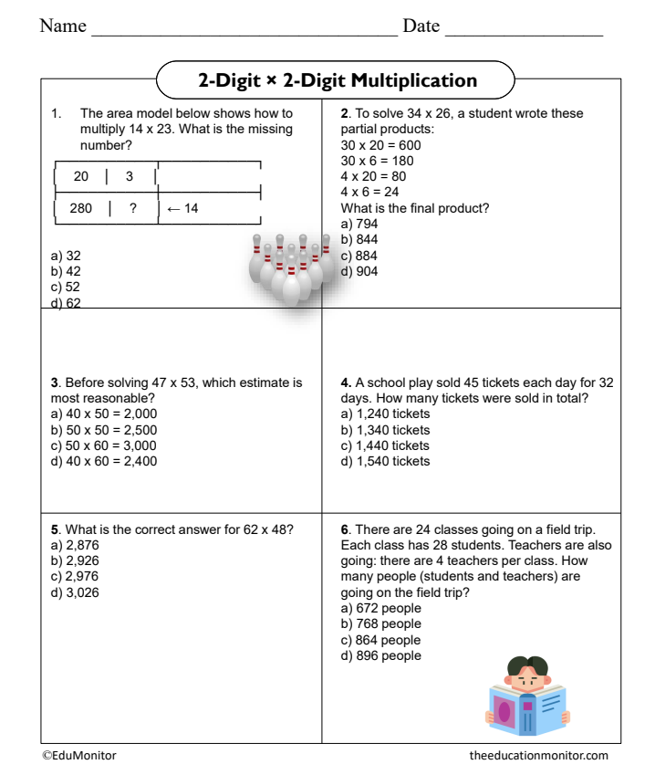2-Digit × 2-Digit Multiplication Grade 4 Math Worksheet.