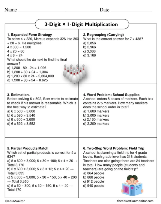 3-Digit × 1-Digit Multiplication Fourth Grade Math Worksheet