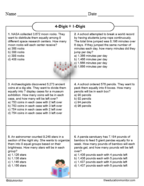 4-Digit ÷ 1-Digit Division fourth-grade Math Worksheet