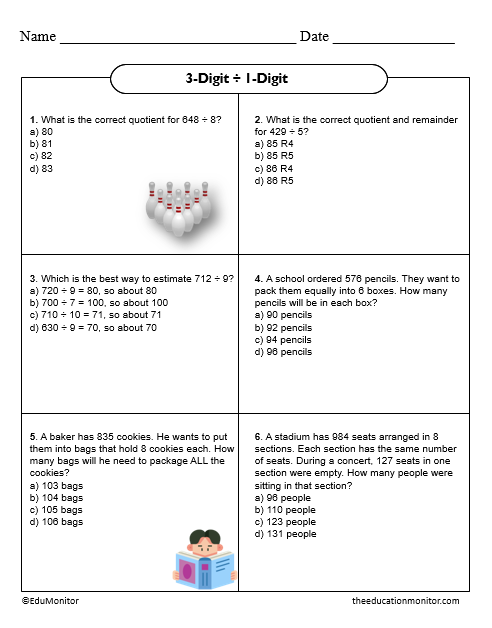 3-Digit ÷ 1-Digit Fourth Grade Math Worksheet