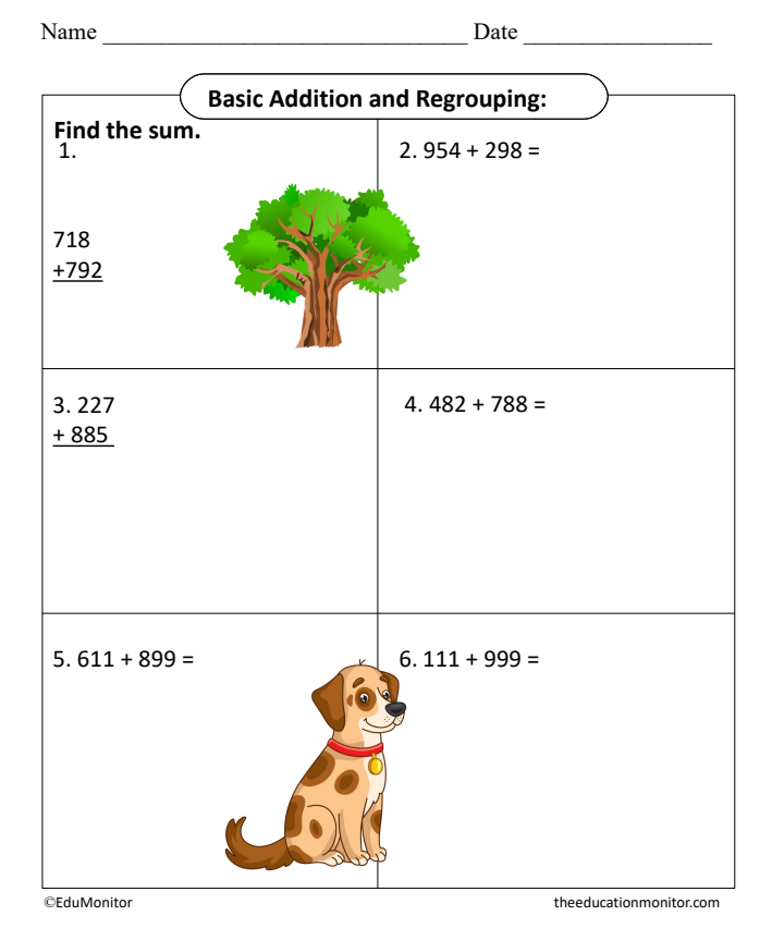 Basic Addition and Regrouping Fourth Grade Math Worksheet