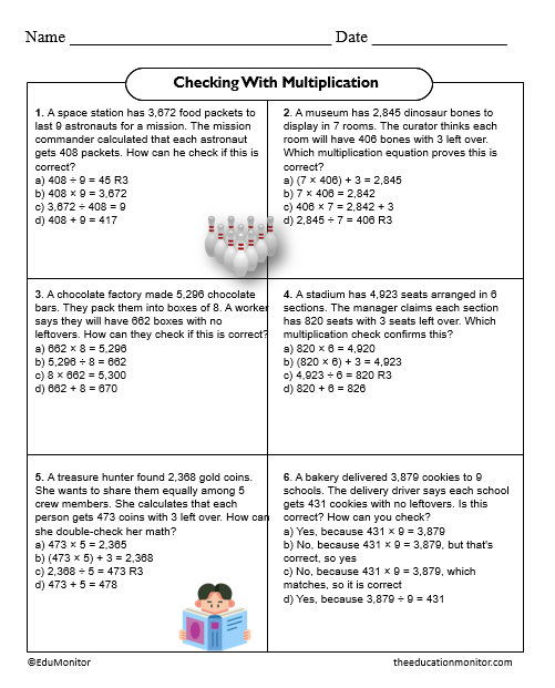 Checking With Multiplication Fourth Grade Math Worksheet