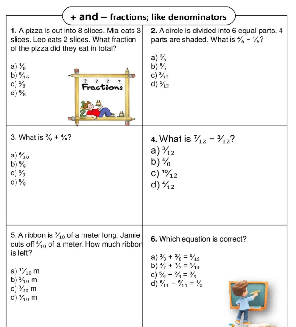 Add and subtract fractions with like denominators Fourth Grade Worksheet