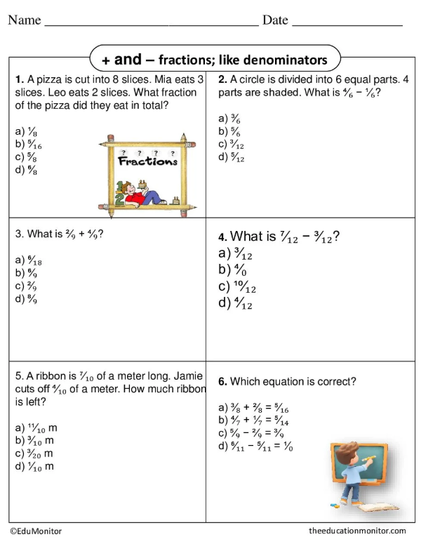 Screenshot 2026-03-27 082208 Add and subtract fractions with like denominators: Fourth Grade Worksheet