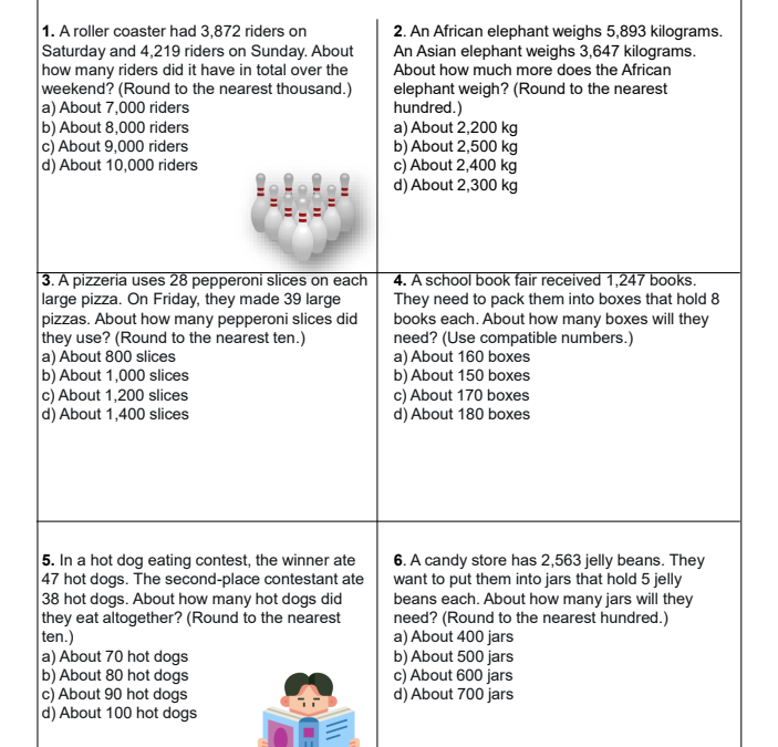 Estimate sums, differences, products, and quotients 4th Grade Worksheet