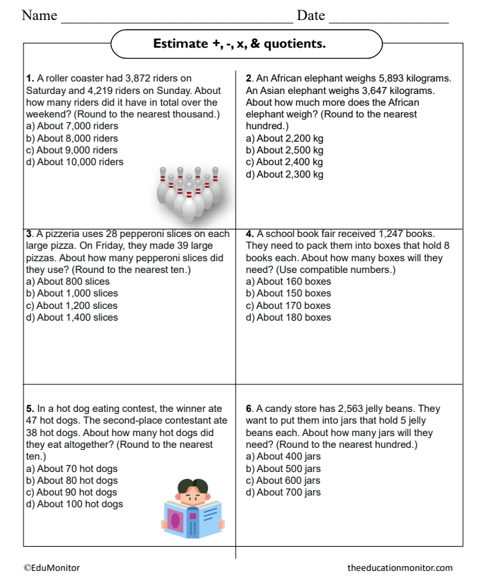 Estimate sums, differences, products, and quotients: 4th Grade Worksheet