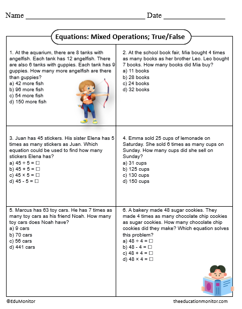 Equations with mixed operations: true or false 4th Grade Worksheet