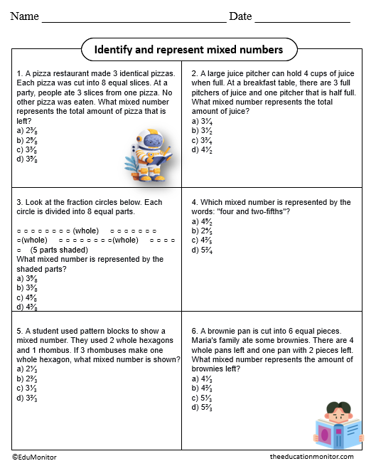 Identify and represent mixed numbers 4th Grade Worksheet