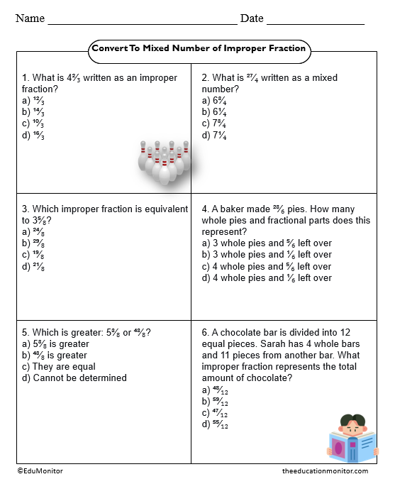 Convert between mixed numbers and improper fractions 4th Grade Worksheet