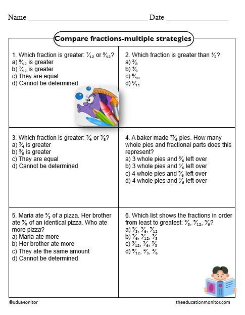Compare fractions using multiple strategies 4th Grade Worksheet