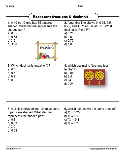 Understand and represent fractions and decimals 4th Grade Worksheet