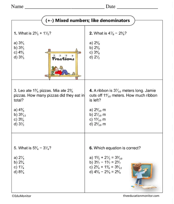 Add and subtract mixed numbers with like denominators 4th Grade Worksheet