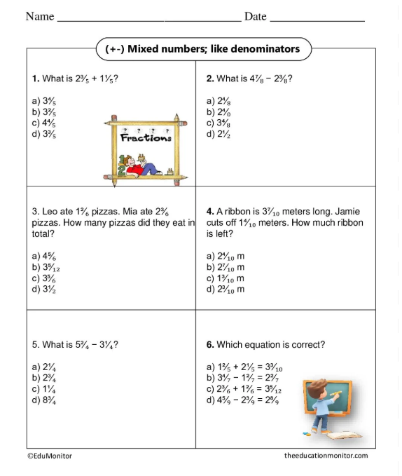 Screenshot 2026-03-27 151242 Add and subtract mixed numbers with like denominators: 4th Grade Worksheet