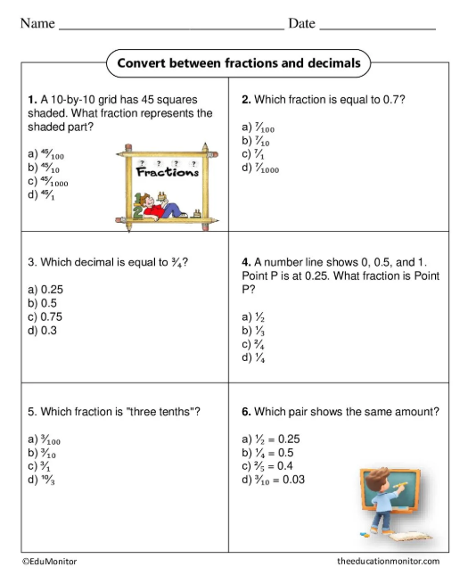Convert between fractions and decimals 4th Grade Worksheet
