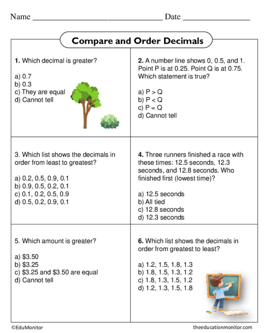 Compare and order decimals 4th Grade Worksheet