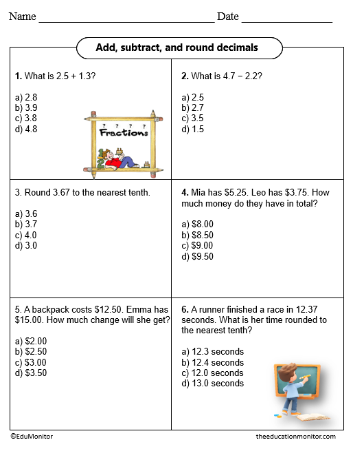 Add, subtract, and round decimals 4th Grade Worksheet