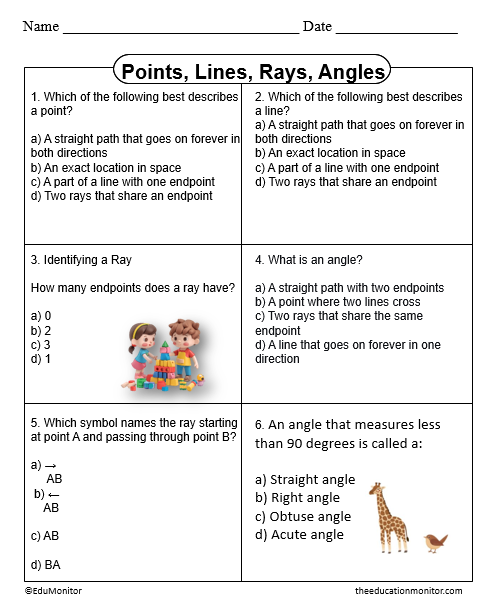 Points, Lines, Rays, Angles 4th Grade Worksheet