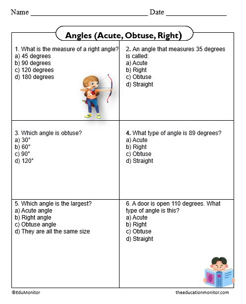 Classifying Angles (Acute, Obtuse, Right) 4th Grade Worksheet