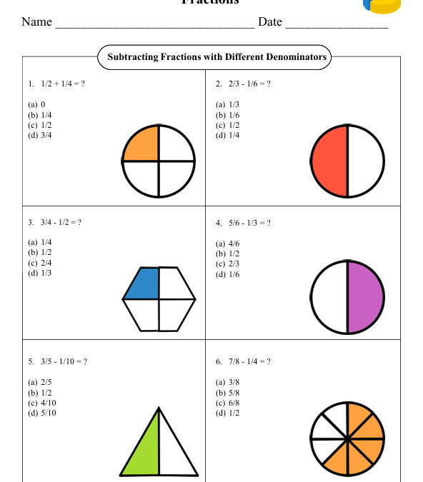 Subtracting Fractions with Different Denominators Math Worksheet