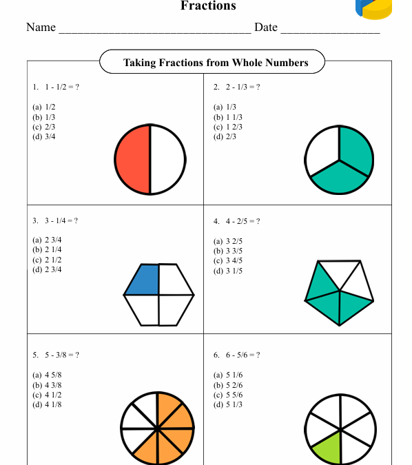 Taking Fractions from Whole Numbers Fifth Grade Math Worksheet