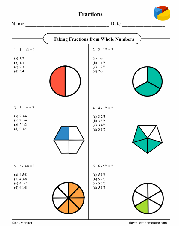 Taking Fractions from Whole Numbers Fifth Grade Math Worksheet
