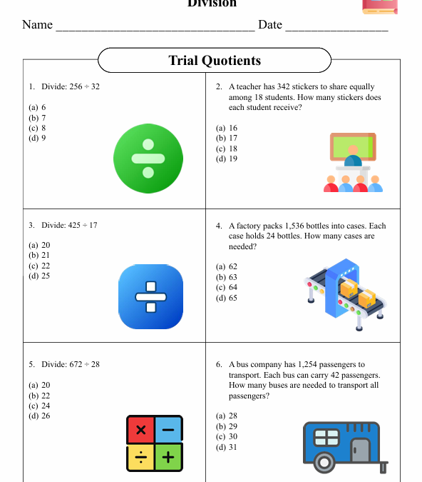 Trial Quotients Fifty Grade Math Worksheet
