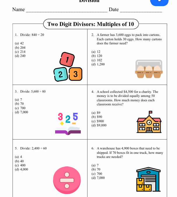 Two Digit Divisors Fifth Grade Math Worksheet