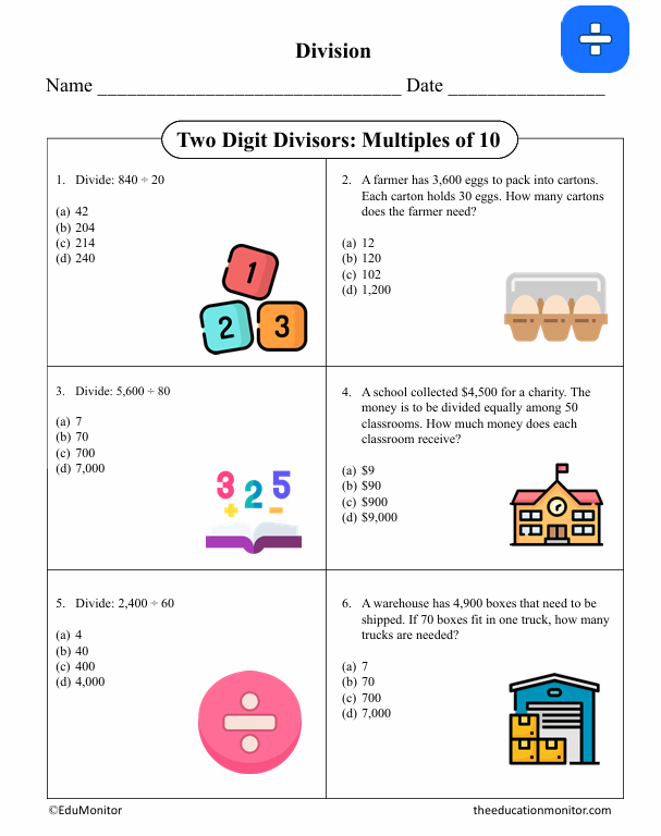 Two Digit Divisors Fifth Grade Math Worksheet