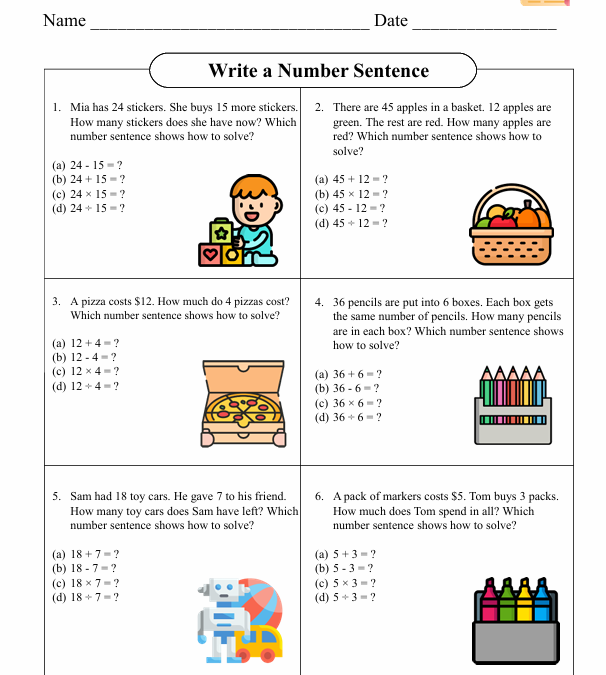 Write a Number Sentence Fifth Grade Math Worksheet