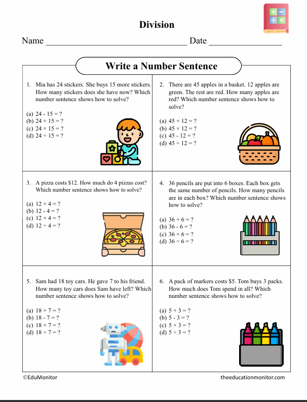 Write a Number Sentence Fifth Grade Math Worksheet
