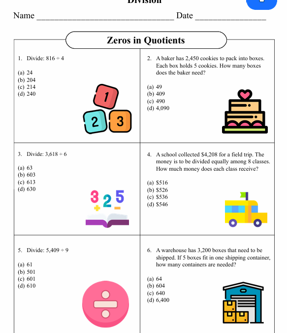 Zeros in Quotients Fifth Grade Math Worksheet