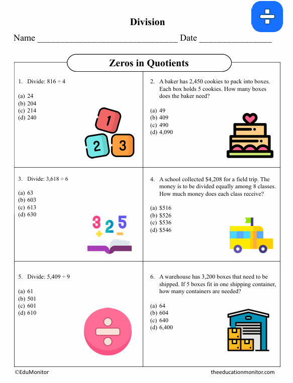 Zeros in Quotients Fifth Grade Math Worksheet