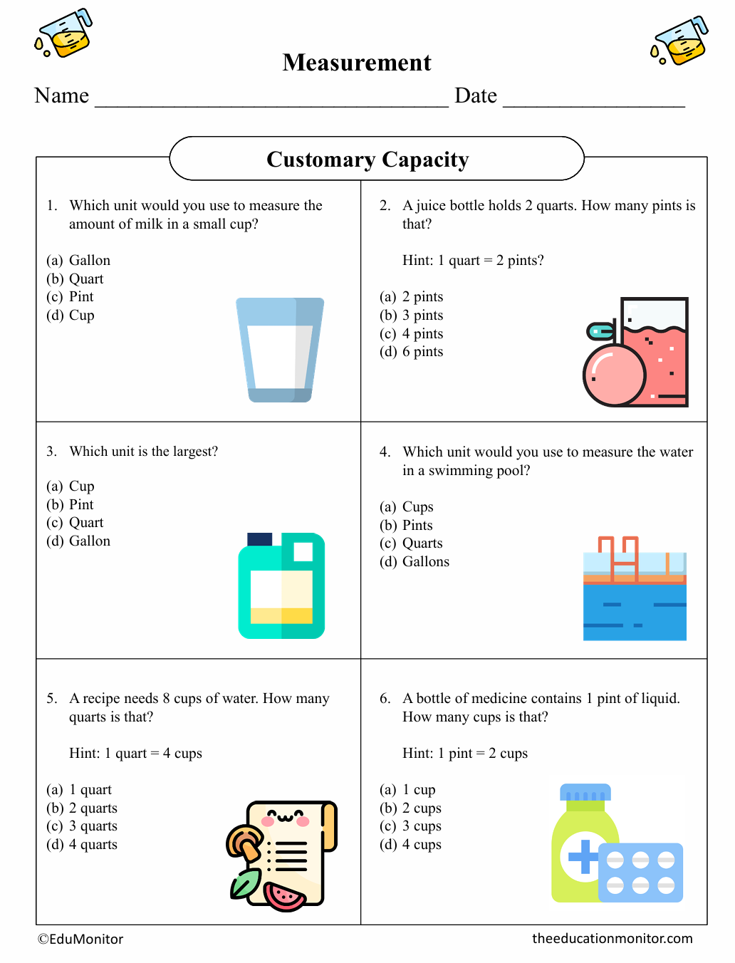 Customary Capacity Fifth Grade Math Worksheet