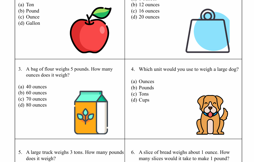 Customary Weight Fifth Grade Math Worksheet