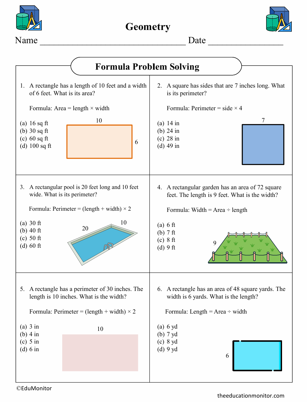 Formula Problem Solving Fifth Grade Math Worksheet