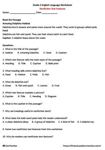 Nonfiction Text Features Worksheet for 4th Grade