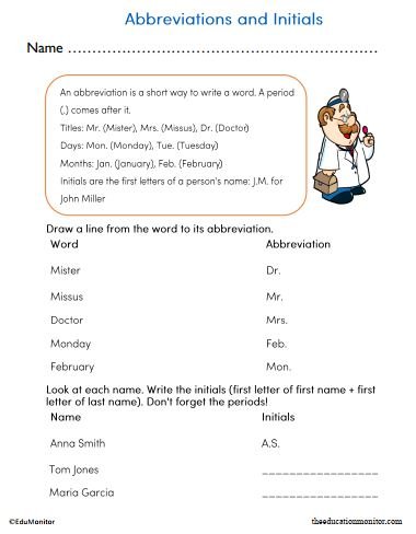 Abbreviations and Initials Worksheet for Grade 2