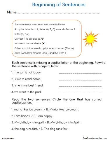Grade 2 Beginning of Sentences Worksheet - EduMonitor | Science, Math ...