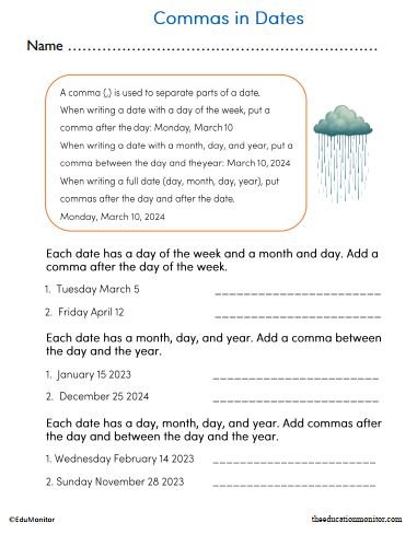 2nd Grade Commas in Dates Worksheet