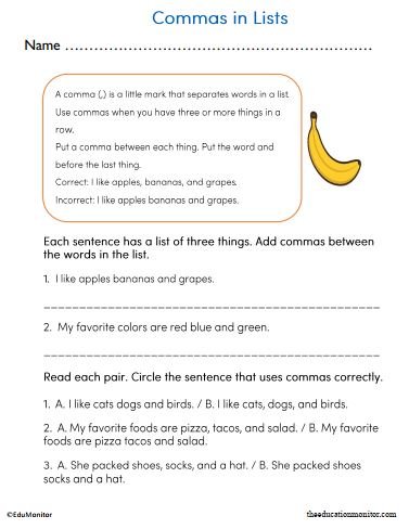 Commas in Lists Worksheet for Grade 2
