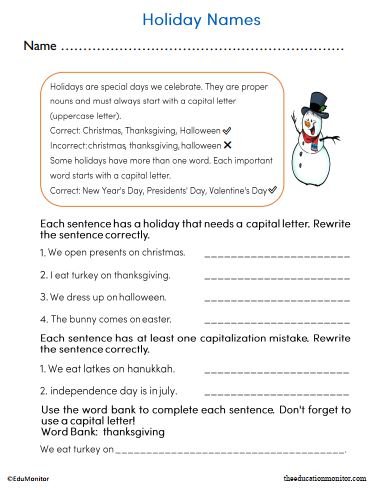 Holiday Names Worksheet for Second Grade