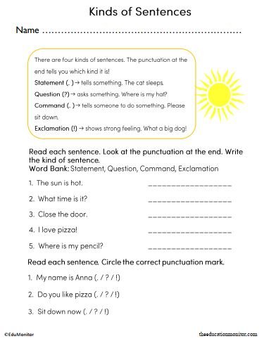 Kinds of Sentences Worksheet for 2nd Grade