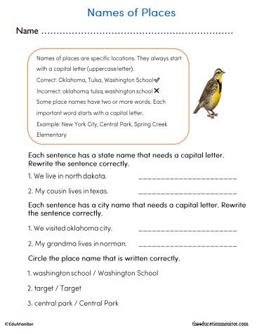 2nd Grade Names of Places Worksheet